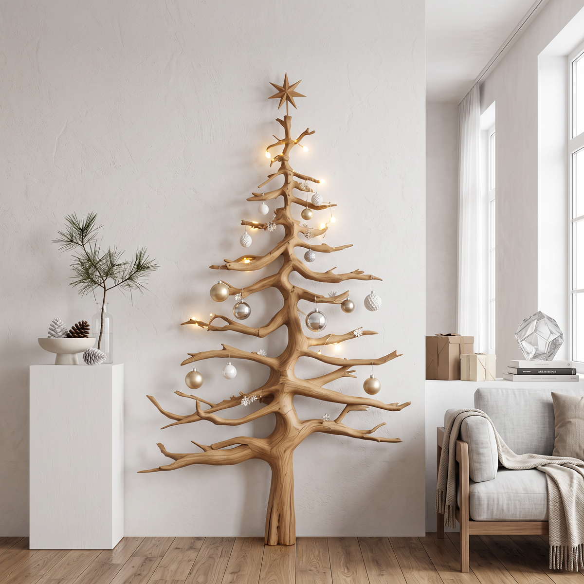 Rustic Pine Tree Wall Shelf with Carved Wood Branches in Oak finish