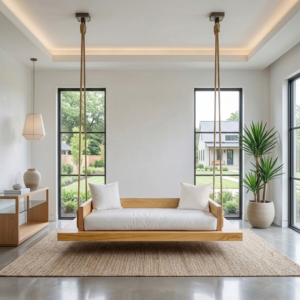 Solid Wood Hanging Ceiling Swing Seat with Natural Edge in Oak finish