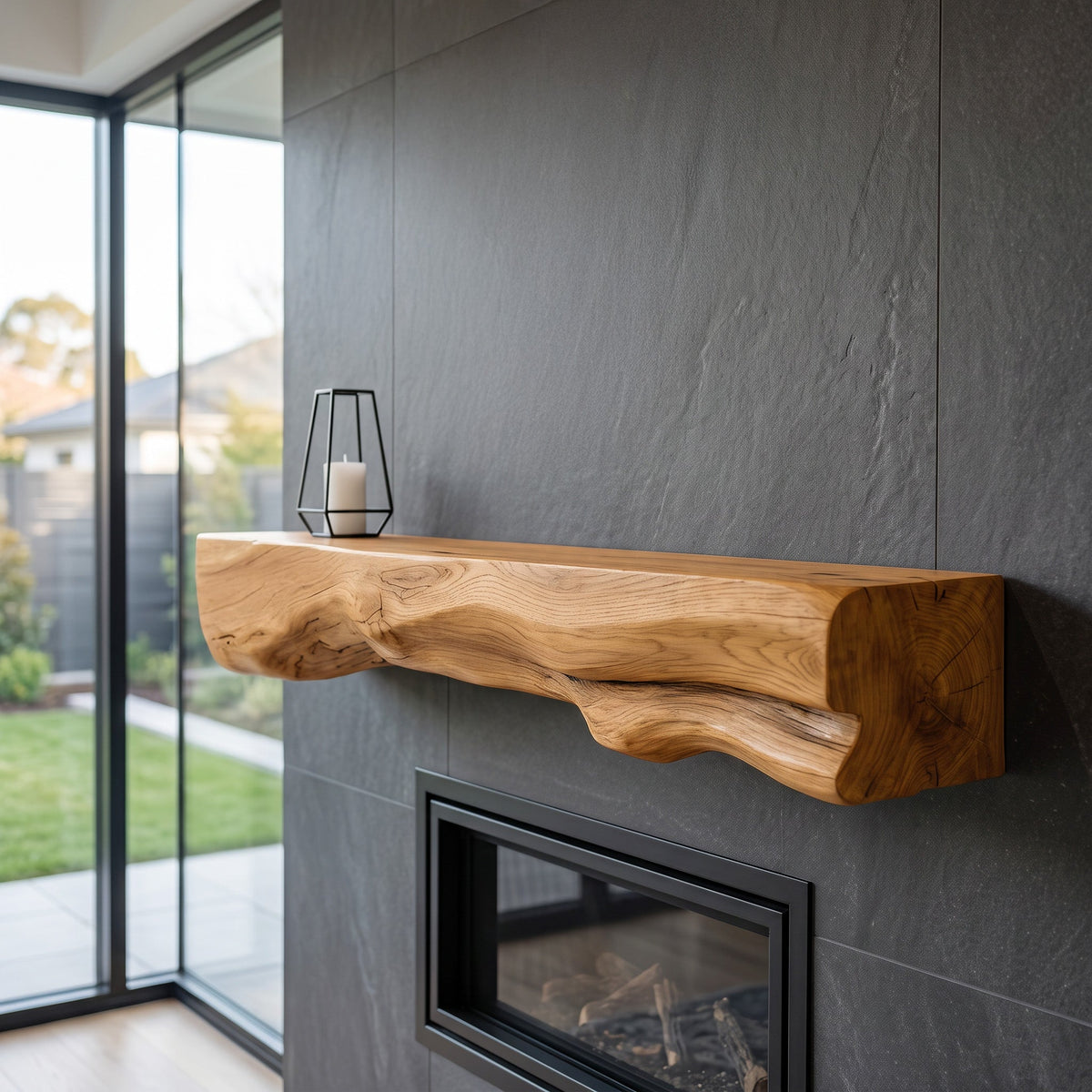 Live Edge Solid Wood Mantel Shelf for Fireplace or Entryway in Oak finish