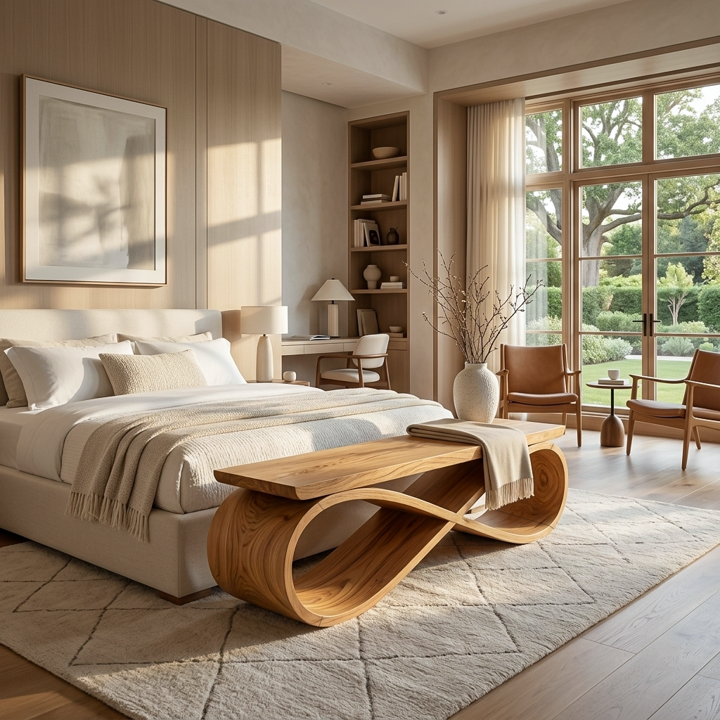 Infinity Loop Sculptural Solid Wood Bench for Entryway in Oak finish
