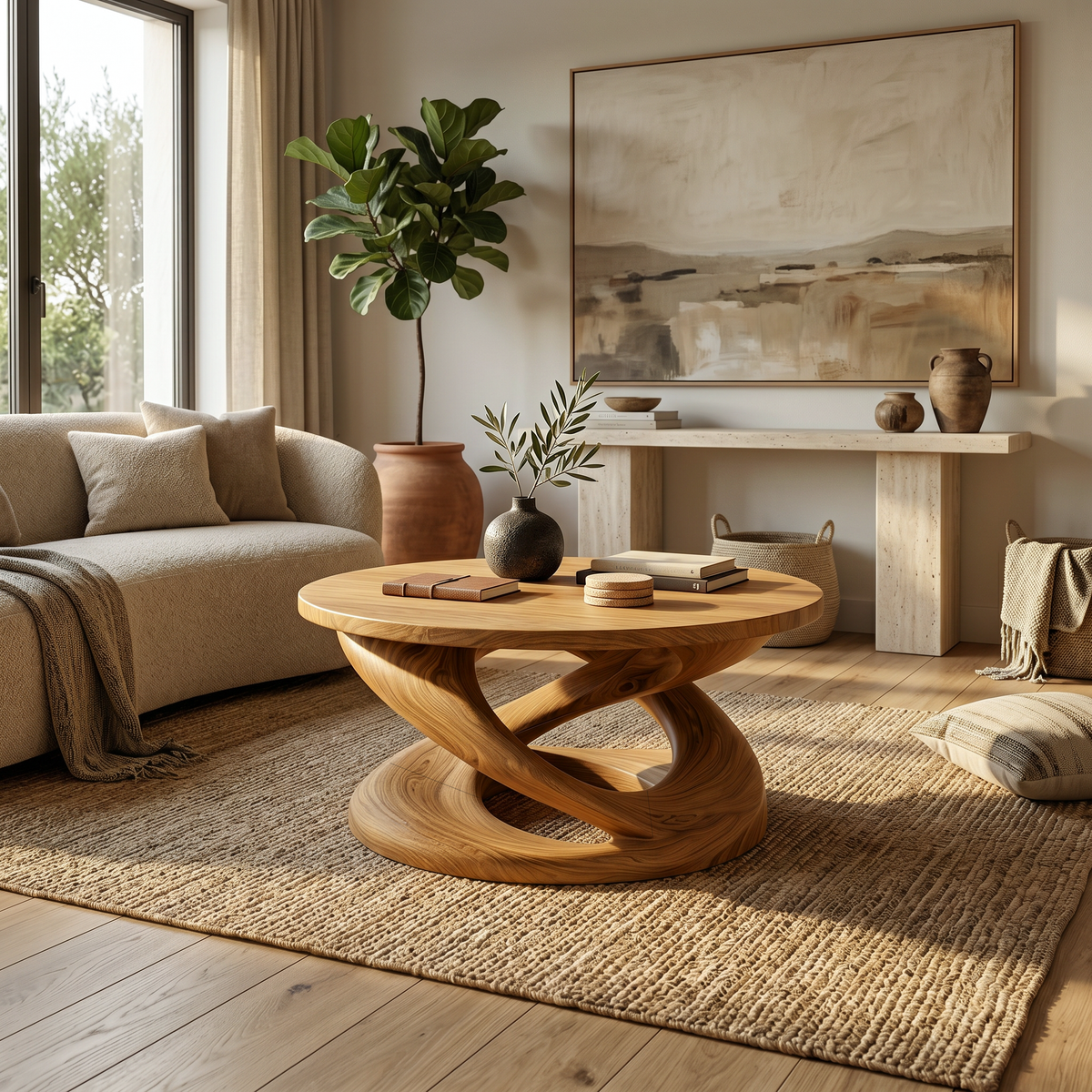 Round Solid Wood Coffee Table with Twisted Sculptural Pedestal in Oak finish