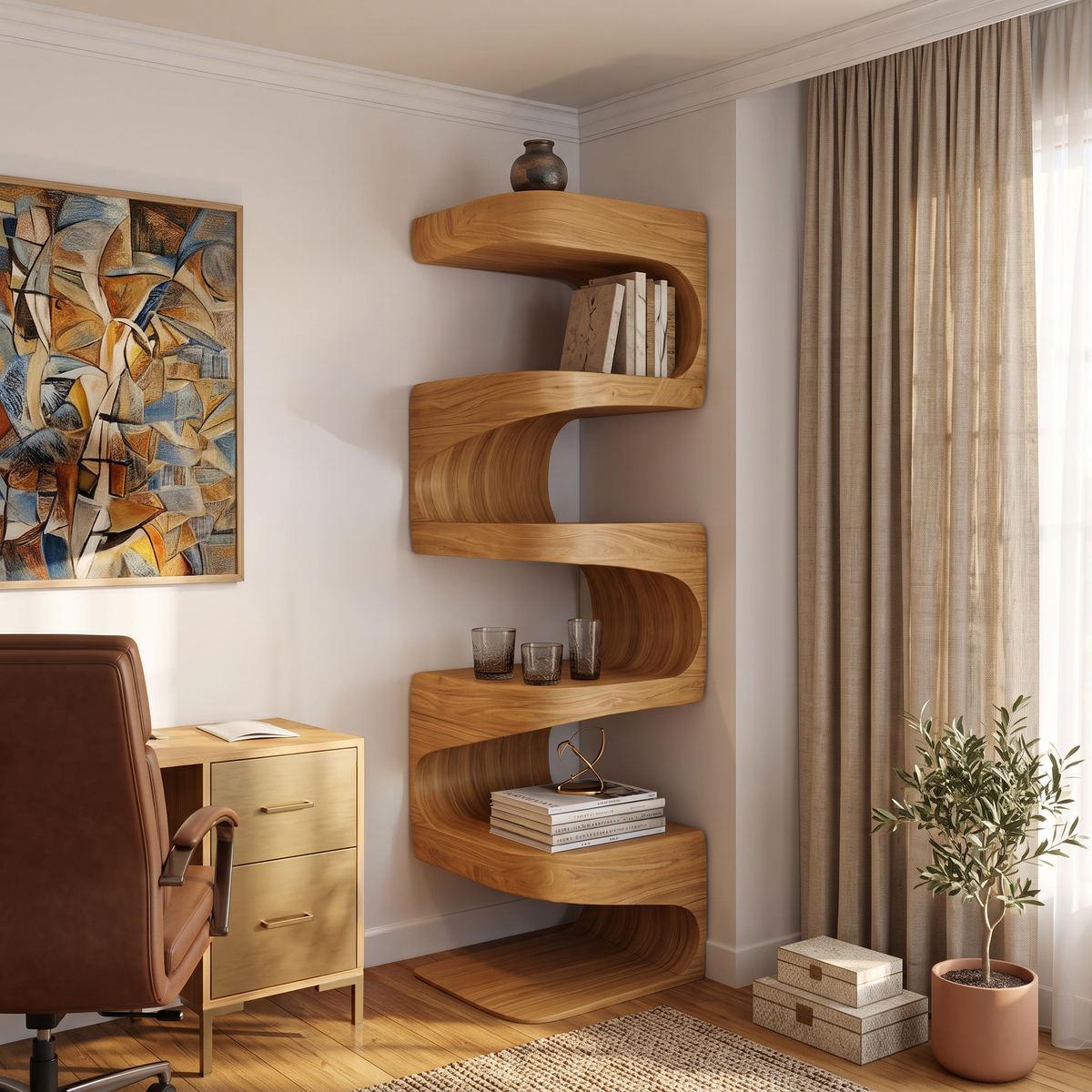 Modern Corner Wave Bookshelf in Solid Wood with Tiered Shelves in Oak finish