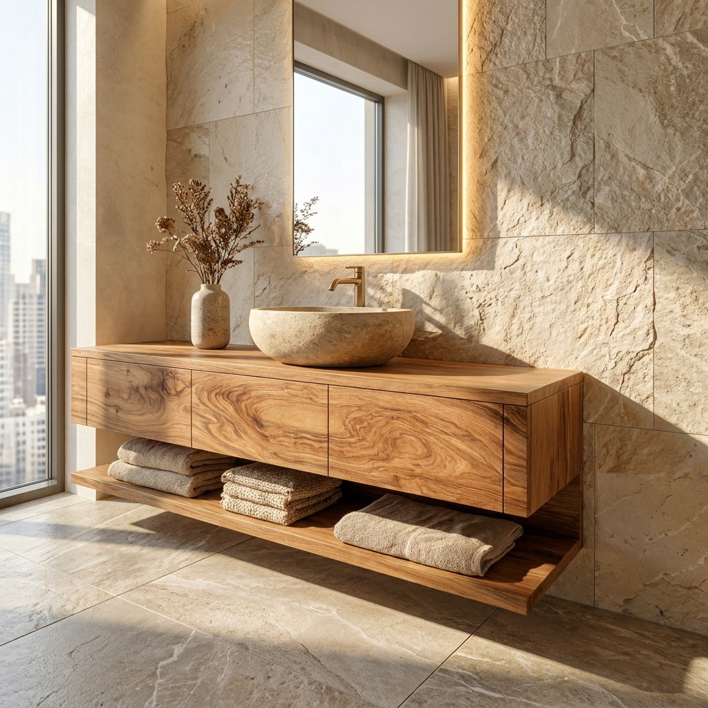 Mid-Century Solid Wood Floating Vanity with Drawers and Shelf in Oak finish