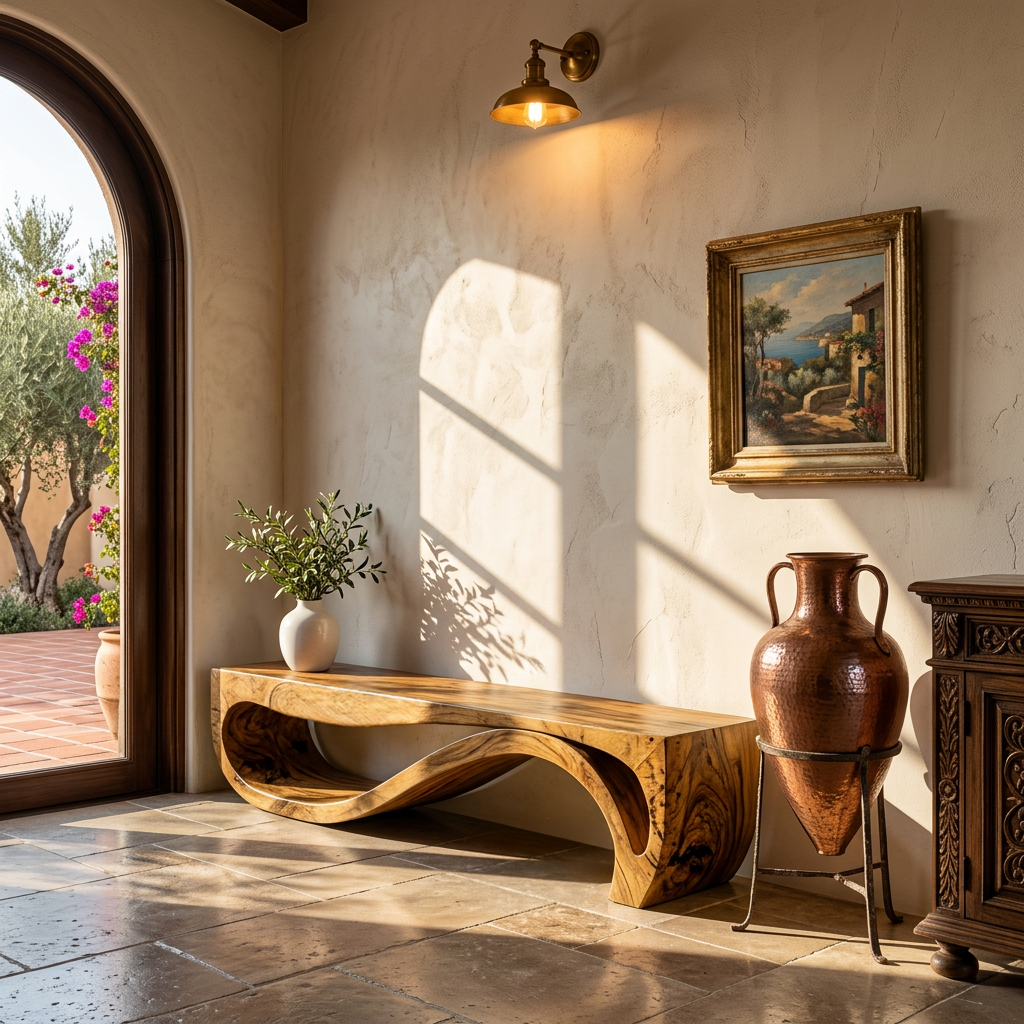 Sculptural Solid Wood Bench with Wave Base for Entryway in Oak finish