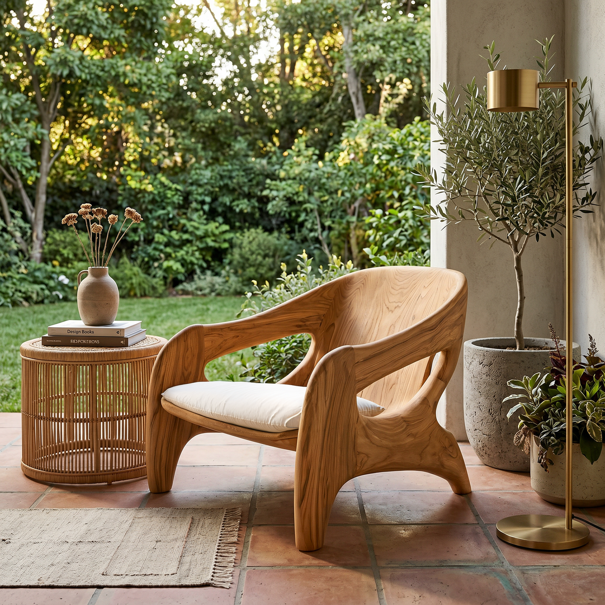 Sculptural Solid Wood Accent Chair with Upholstered Seat in Oak finish
