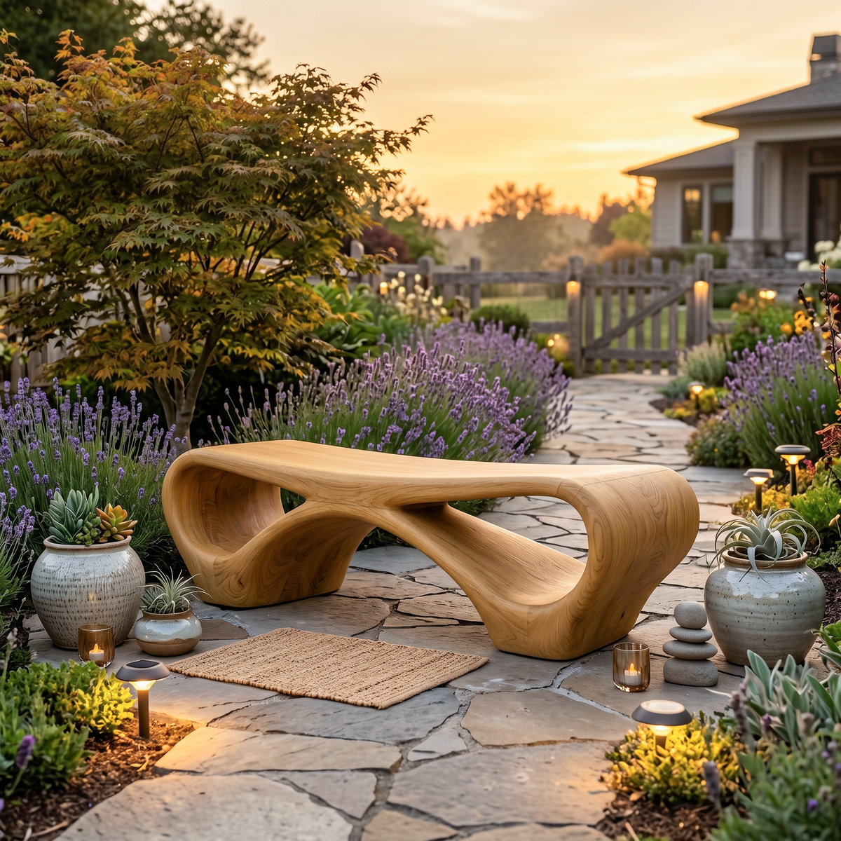 Curved Loop Solid Wood Outdoor Bench for Garden and Patio in Oak finish