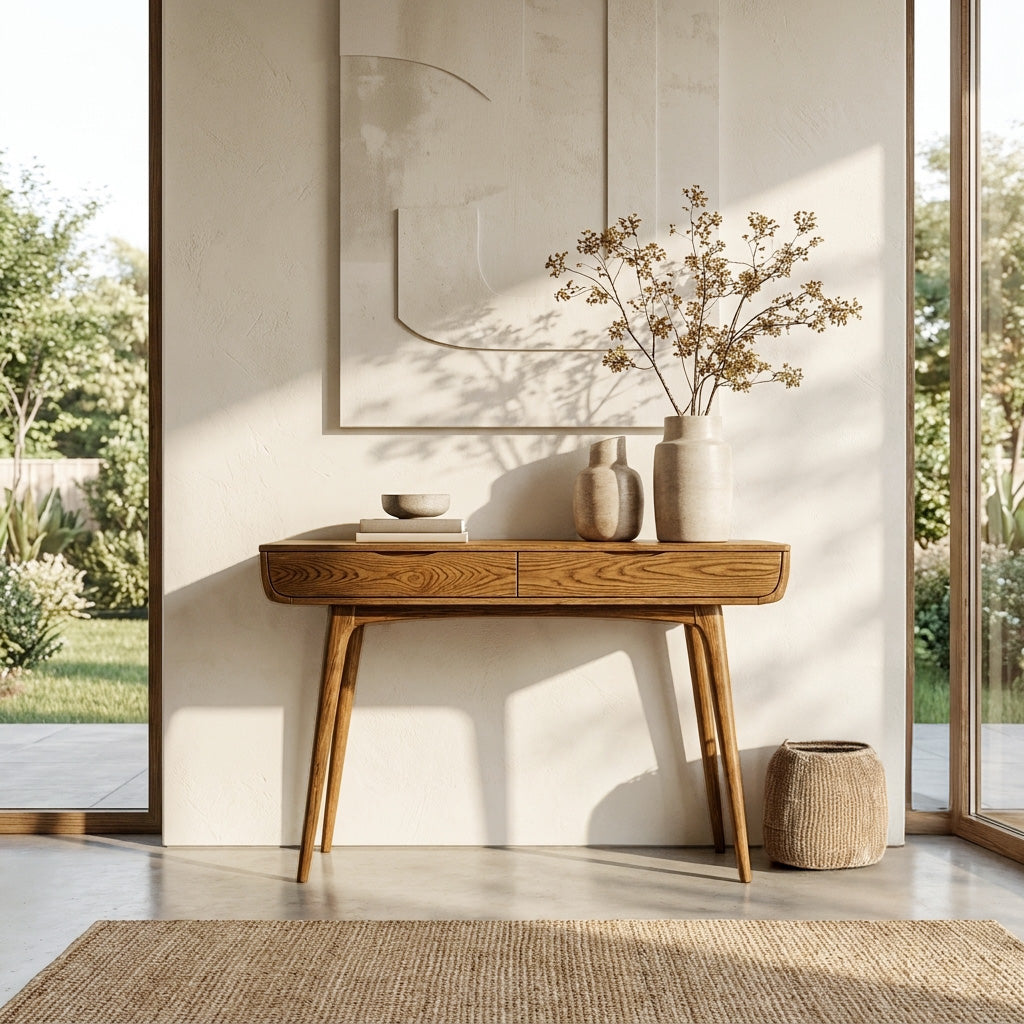 Mid-Century Solid Wood Console Table with Slim Drawer and Tapered Legs in Oak finish