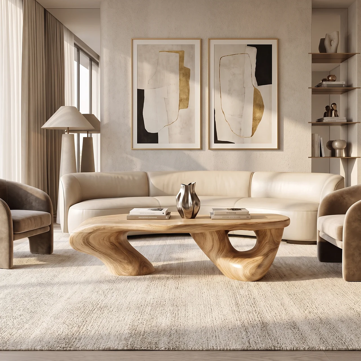 Handcrafted Solid Wood Low Coffee Table with Classic Lines in Oak finish