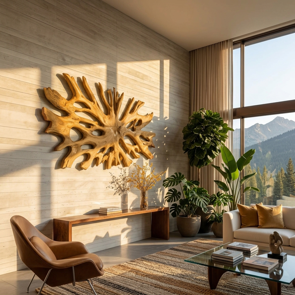 Oversized Root-Form Solid Wood Wall Art for Living Room in Oak finish