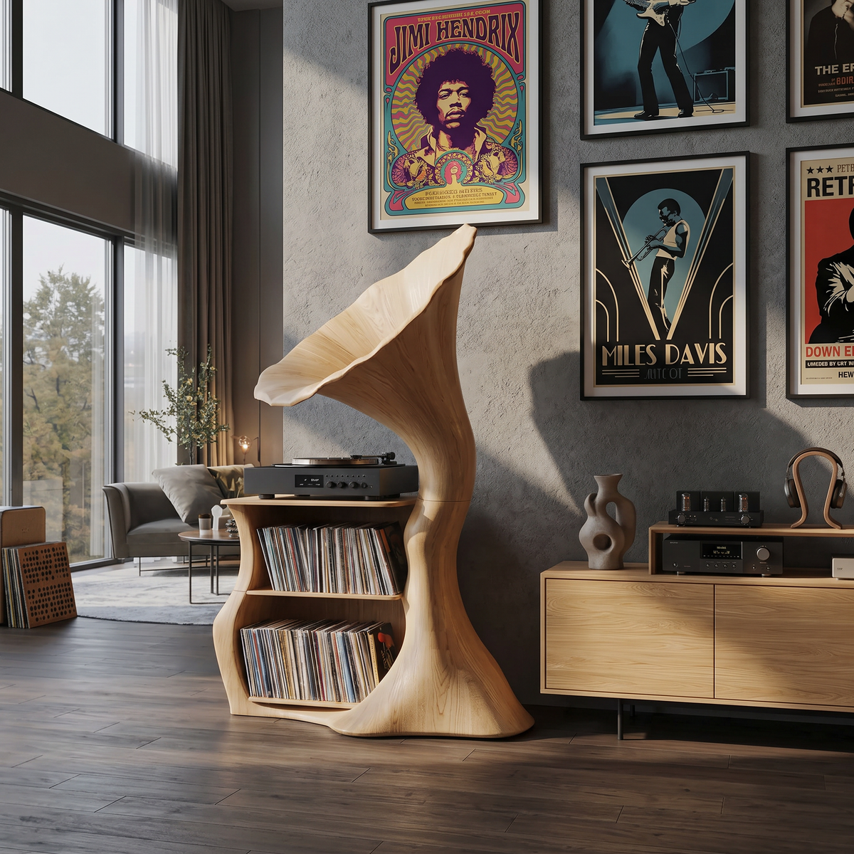 Handcrafted Hardwood Record Player Stand with Cube Storage in Oak finish