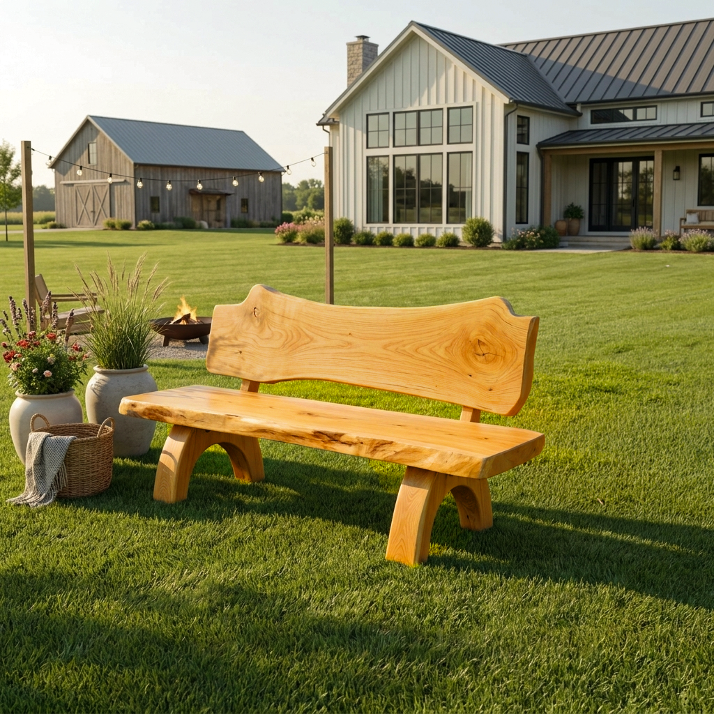 Rustic Live Edge Solid Wood Bench with Backrest for Patio in Oak finish