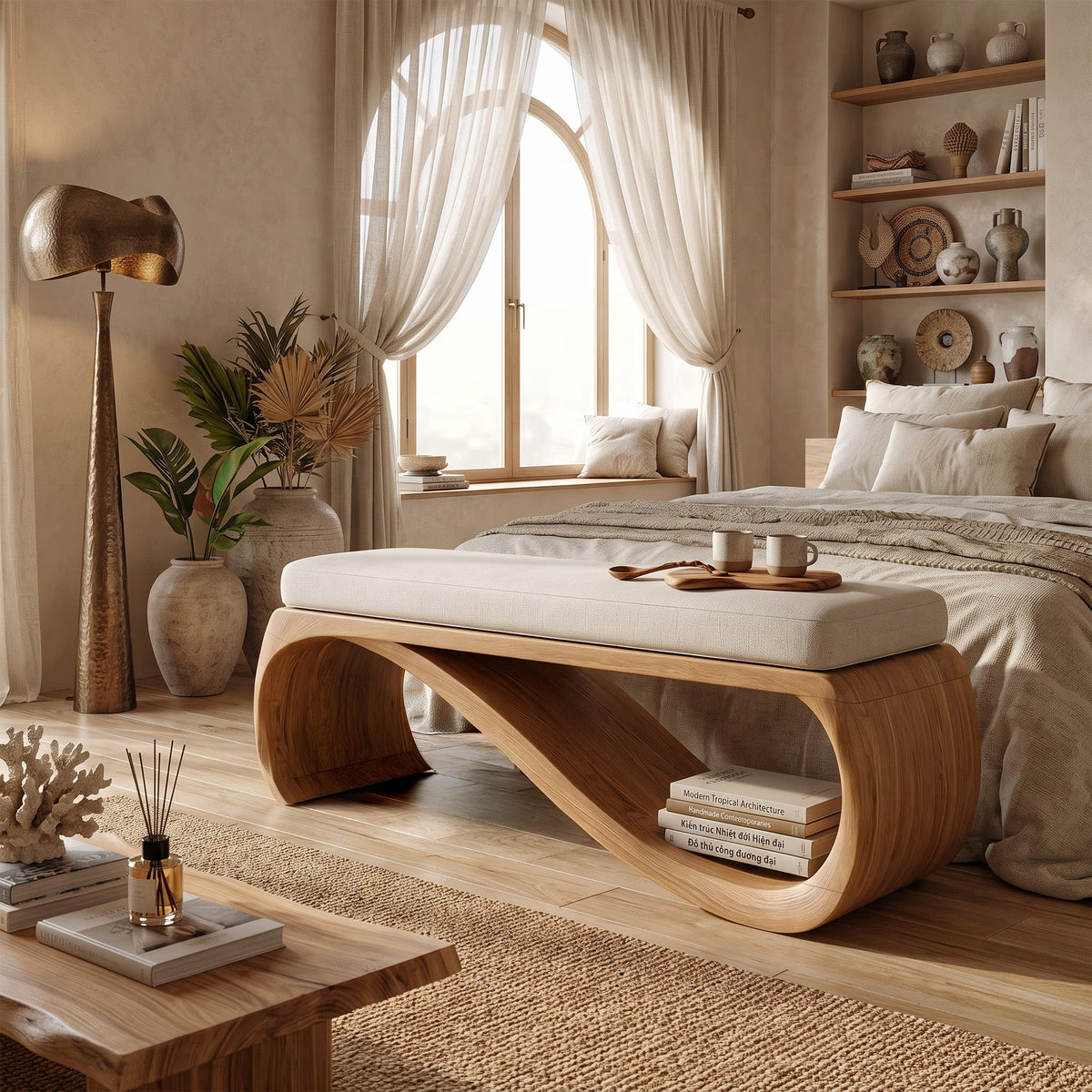 Mid-Century Solid Wood End-of-Bed Bench with Clean Lines in Oak finish