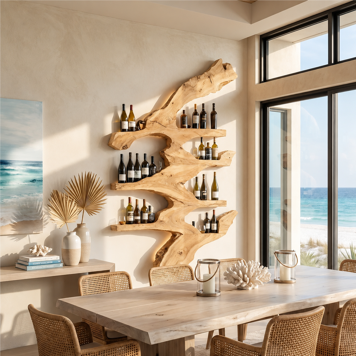 Handcrafted Wood Wine Bottle Rack Stand for Kitchen in Oak finish