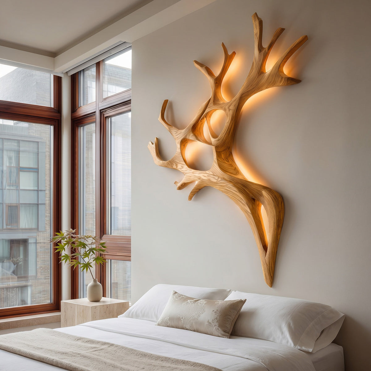 Sculptural Solid Wood Branch Wall Light with Warm Backlighting in Oak finish