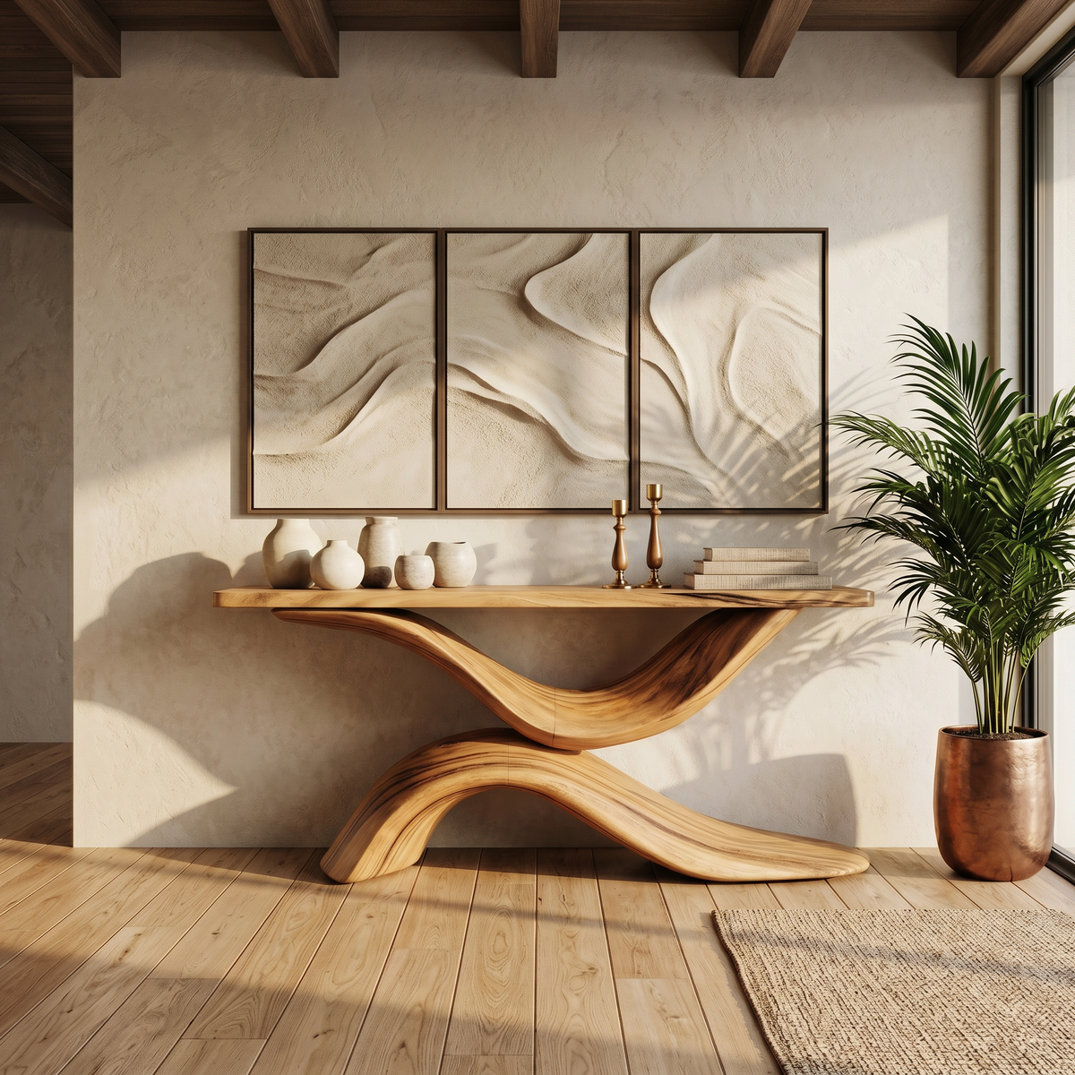 Live Edge Solid Wood Console Table for Entryway and Hallway in Oak finish