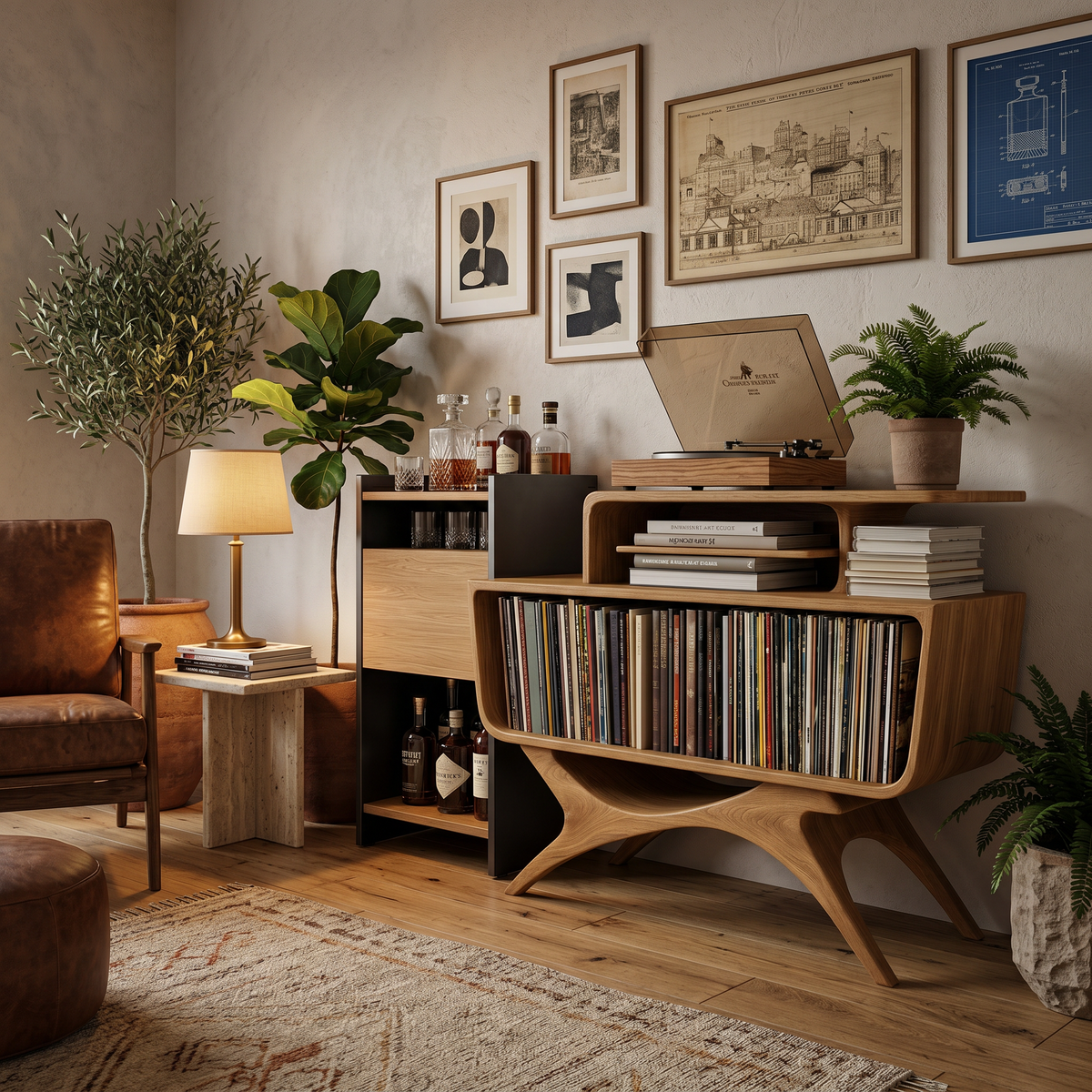 Modern Open Frame Solid Wood Record Player Stand with Vinyl Storage in Oak finish