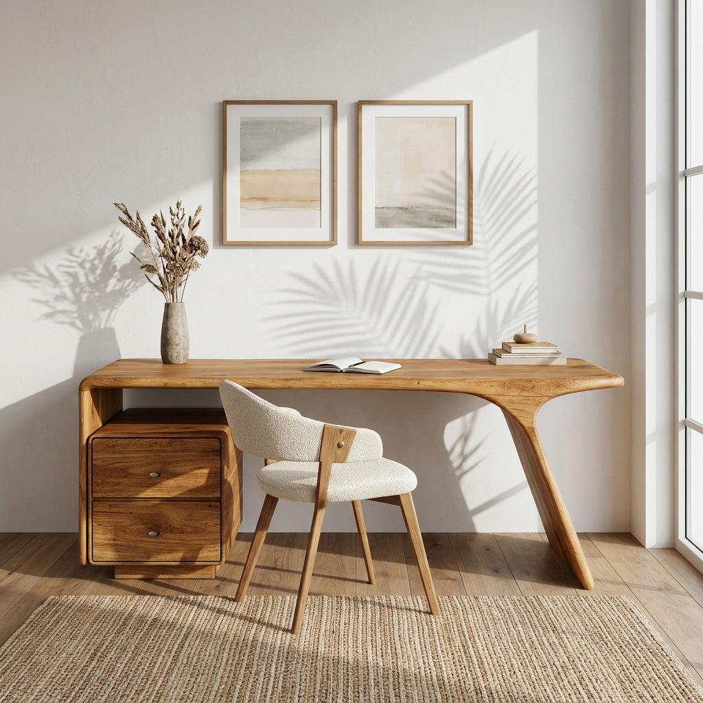 Solid Wood Desk with Drawers and Curved Sculptural Base in Oak finish