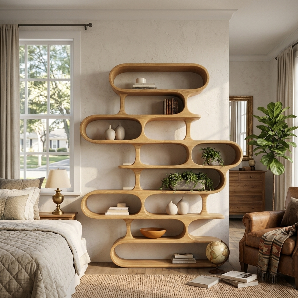 Curved Organic Solid Wood Bookshelf for Living Room or Office in Oak finish
