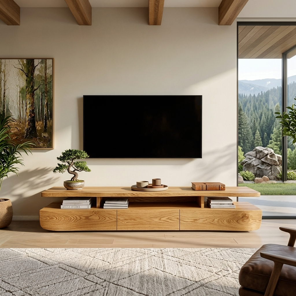 Contemporary Solid Wood TV Cabinet with Storage Drawers and Open Shelf in Oak finish