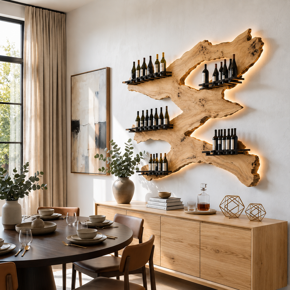 Handcrafted Monkeypod Wine Wall Rack for Kitchen and Home Bar in Oak finish