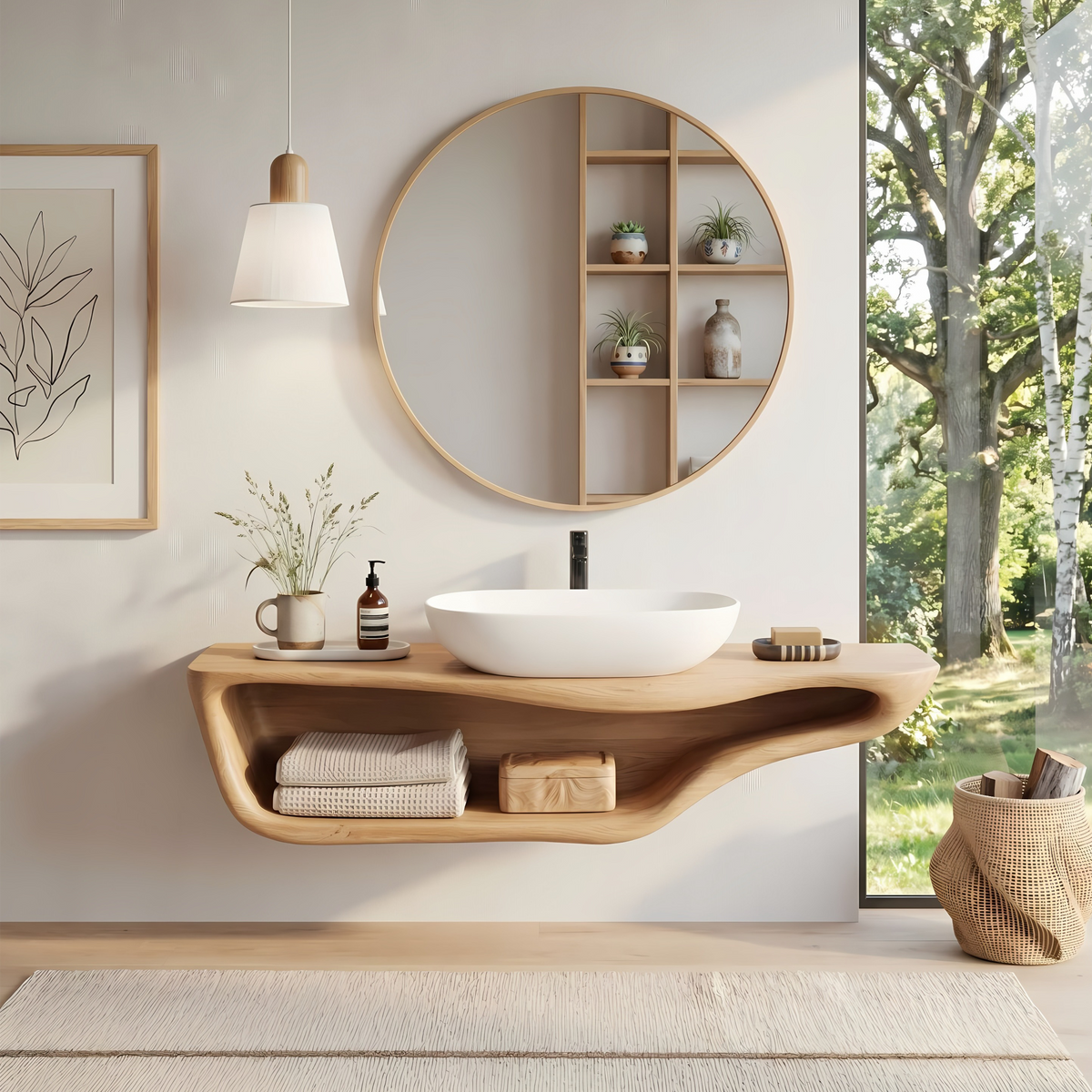 Live Edge Wood Vanity Countertop Shelf for Custom Bathrooms in Oak finish