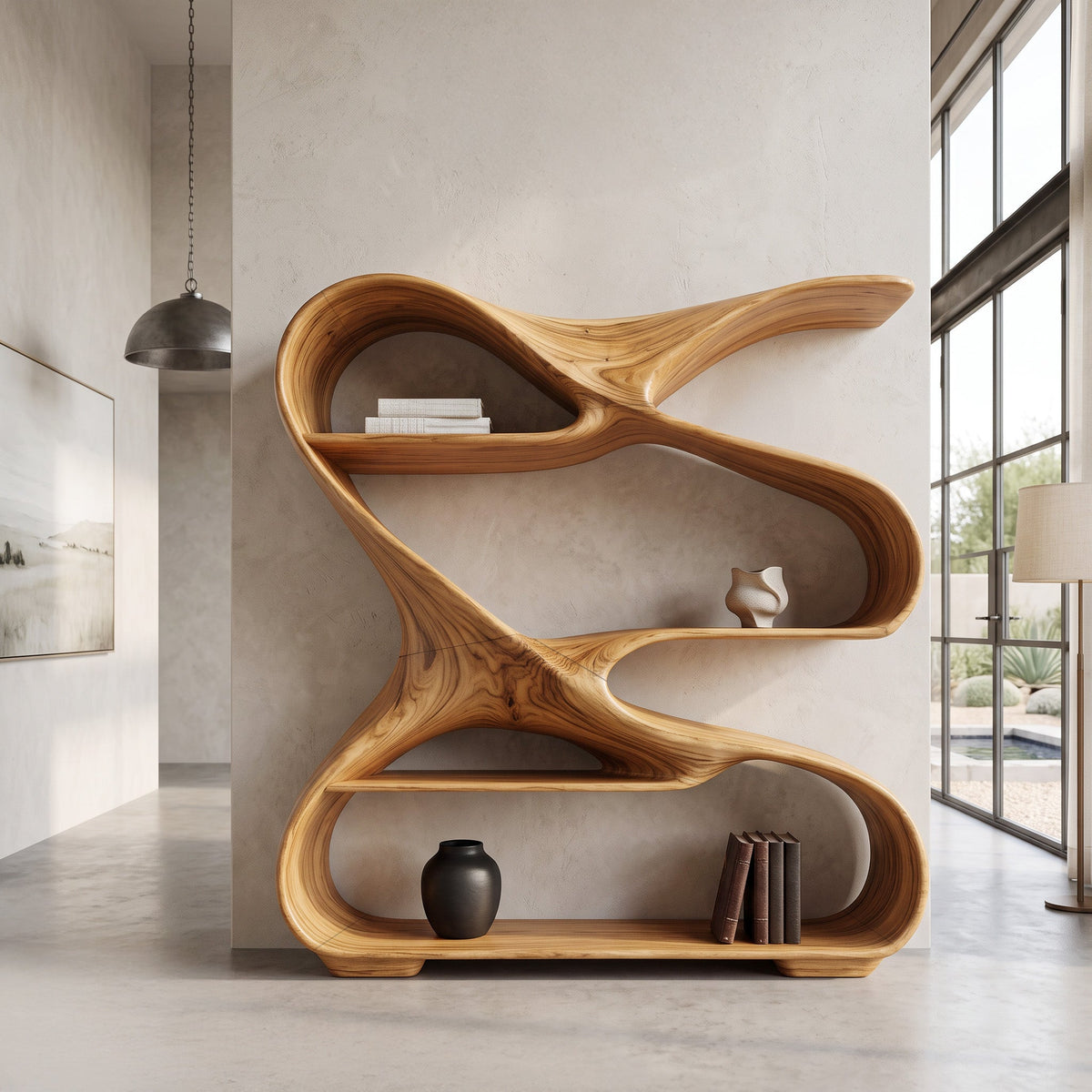 Modern Freeform Sculptural Wood Bookshelf for Office Display in Oak finish