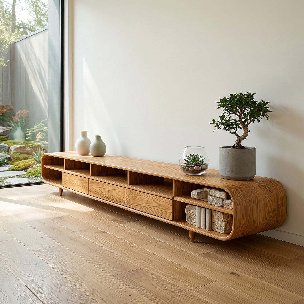 Mid-Century Solid Wood TV Cabinet with Drawers and Open Shelves in Oak finish