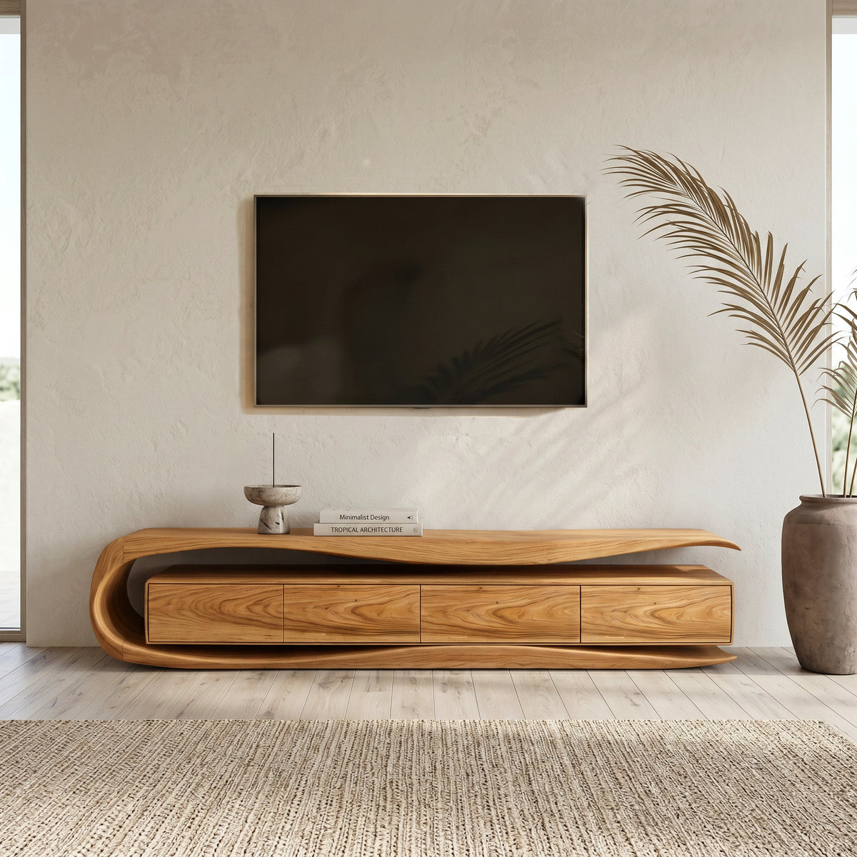 Organic Modern Solid Wood TV Console with Floating Look in Oak finish