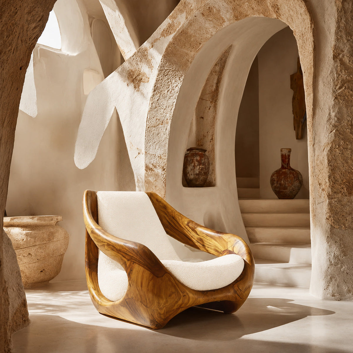 Sculptural Solid Wood Accent Chair with Carved Organic Curves in Oak finish