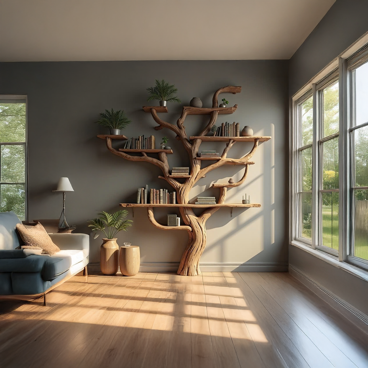 Wall Mounted Tree Branch Corner Bookshelf in Natural Wood - view 2