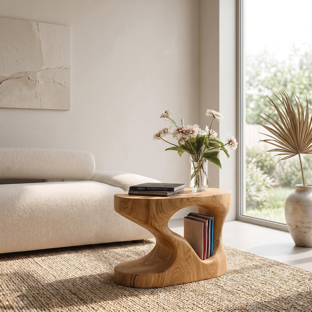 Organic Solid Wood Side Table with Open Cut-Out Center in Oak finish