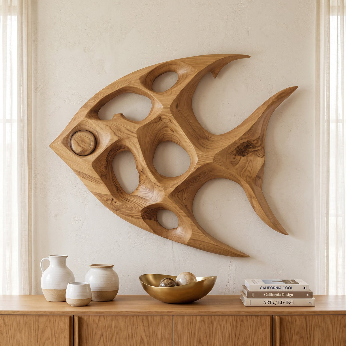 Fish Inspired Sculptural Solid Wood Wall Art with Open Voids in Oak finish