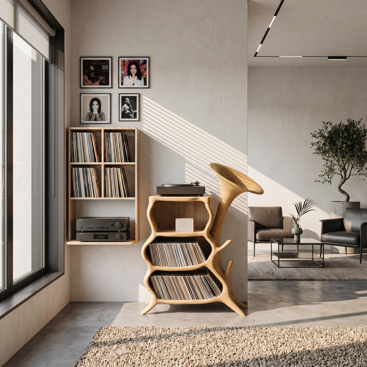 Hardwood Record Player Stand with Minimalist Cube Profile in Oak finish