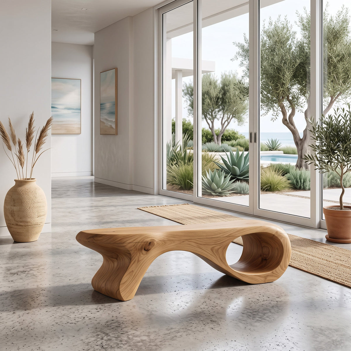 Sculptural Solid Wood Entryway Bench with Carved Curves in Oak finish