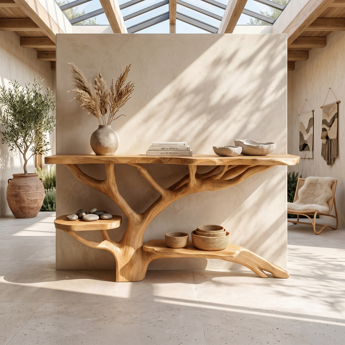 Farmhouse Solid Wood Console Table with Live Edge Detail in Oak finish