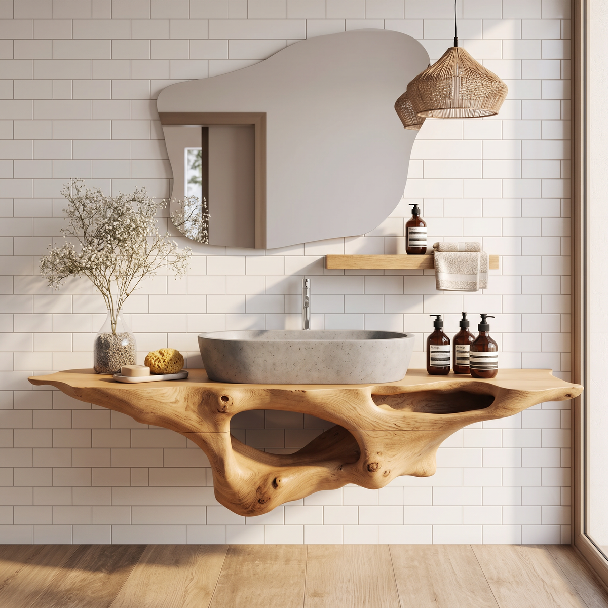 Farmhouse Solid Wood Bathroom Vanity Shelf with Waterproof Finish in Oak finish