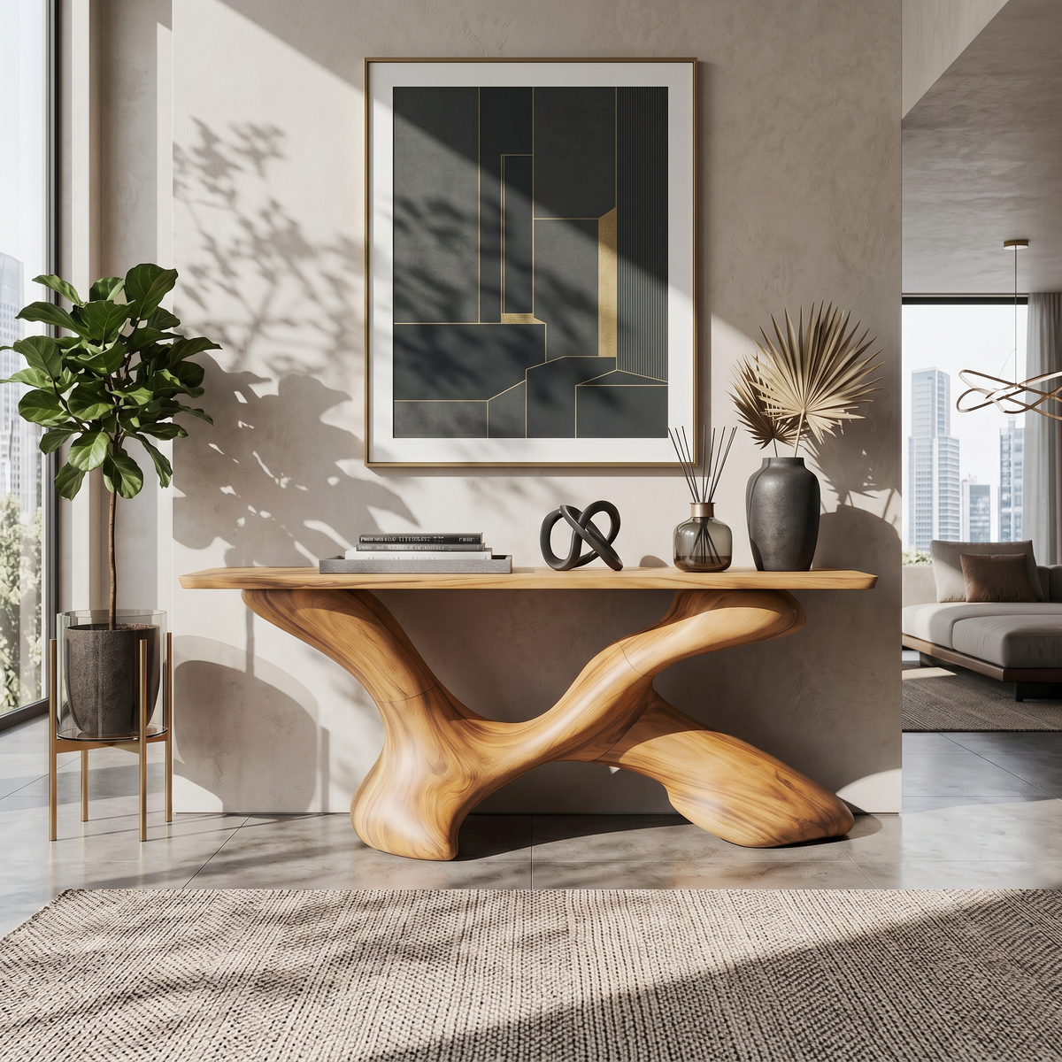 Mid-Century Solid Wood Foyer Console Table with Natural Knots in Oak finish