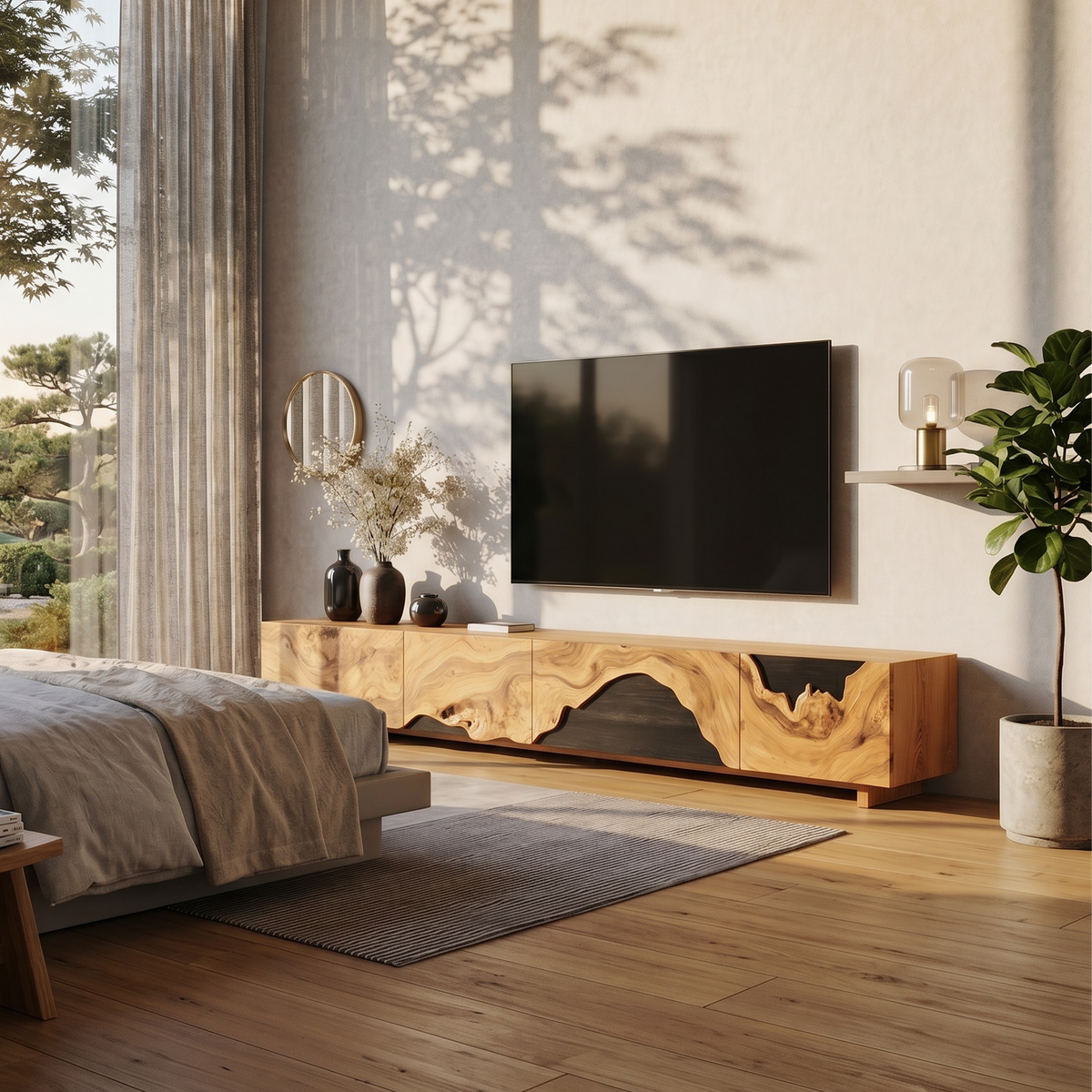 Floating Live Edge TV Console with Open Shelving in Oak finish