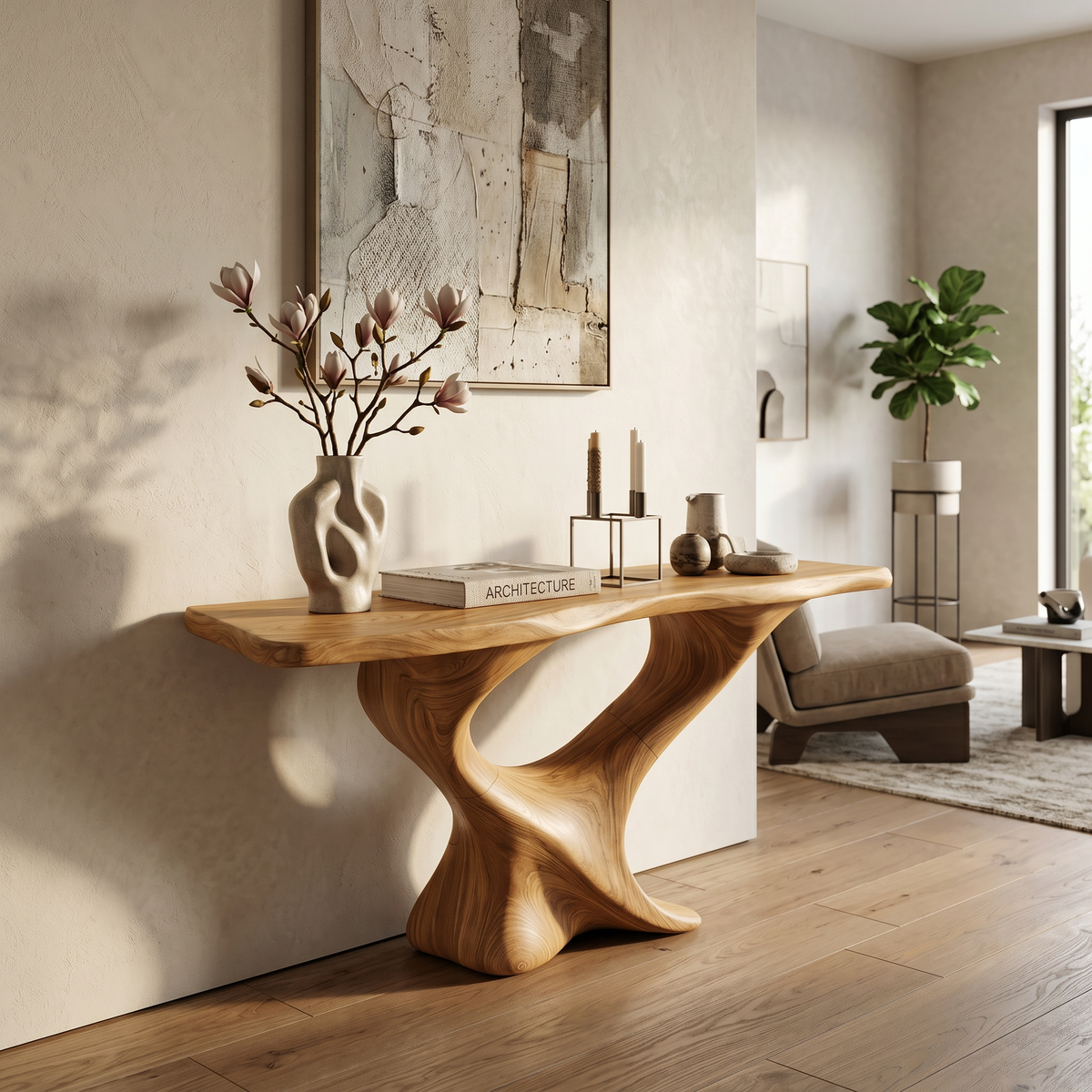 Farmhouse Solid Wood Console Table with Live Edge Details in Oak finish