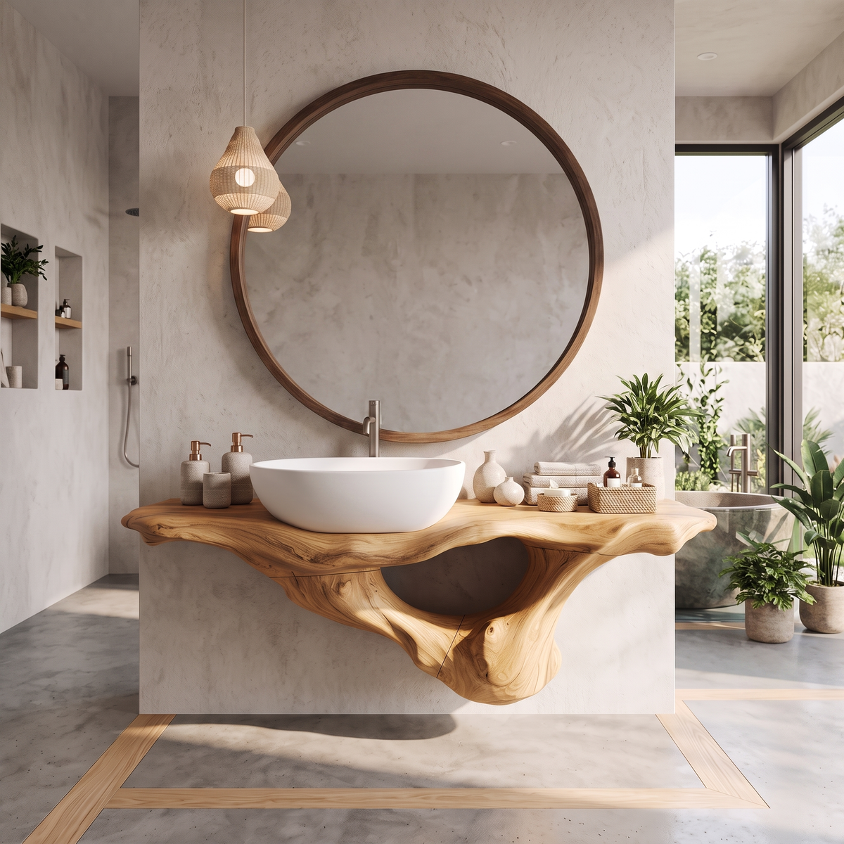 Live Edge Solid Wood Bathroom Vanity Shelf with PU Finish in Oak finish