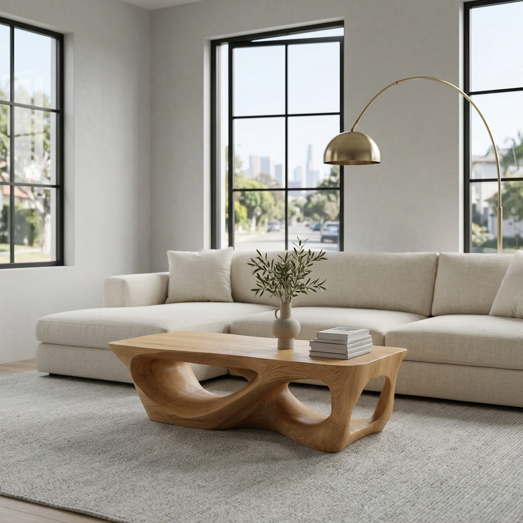 Minimalist Solid Wood Coffee Table with Open Sculpted Base in Oak finish