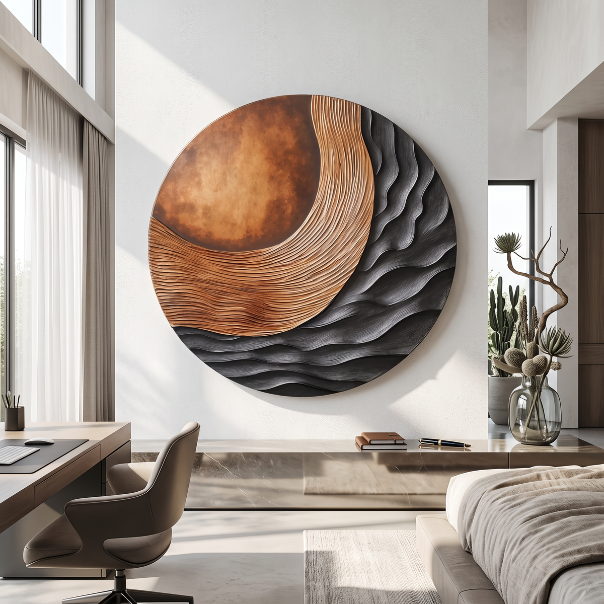 Carved 3D Wood Wall Art Panel for Bedroom with Tidal Folds - view 2