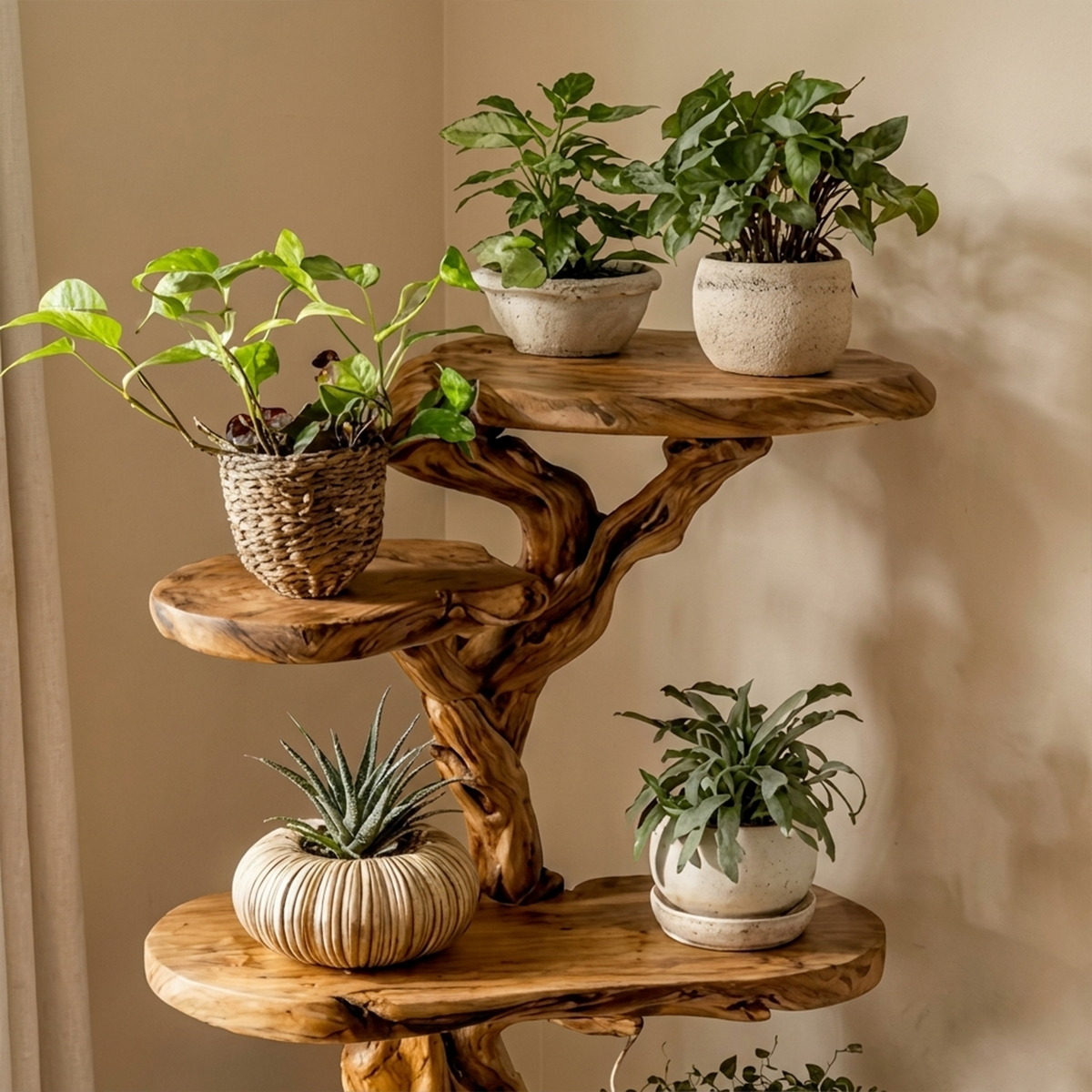Rustic Solid Wood Tree Plant Shelf with Branch Display Surfaces - view 2