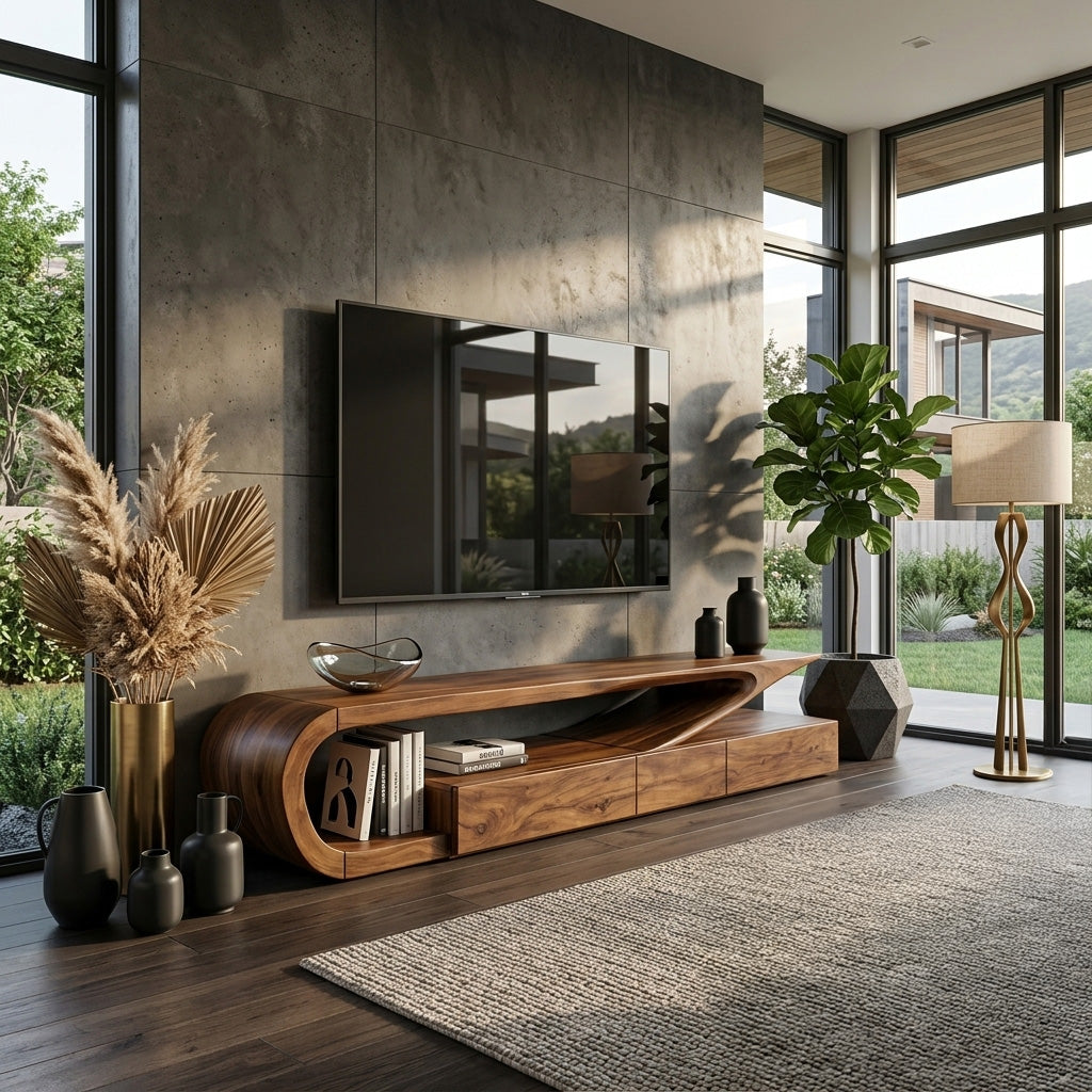 Minimalist Solid Wood TV Console with Drawers and Curved Frame - view 2