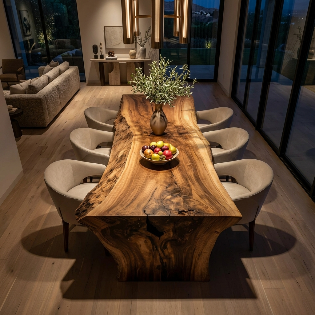 Modern Live Edge Solid Wood Dining Table with Monolithic Base - view 6