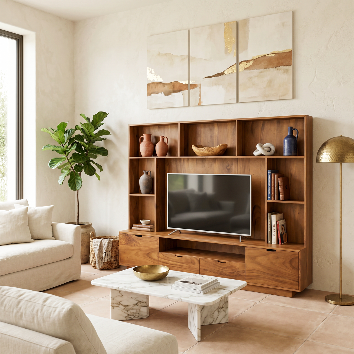 Solid Wood TV Wall Unit with LED Lit Shelves and Cabinets - view 3
