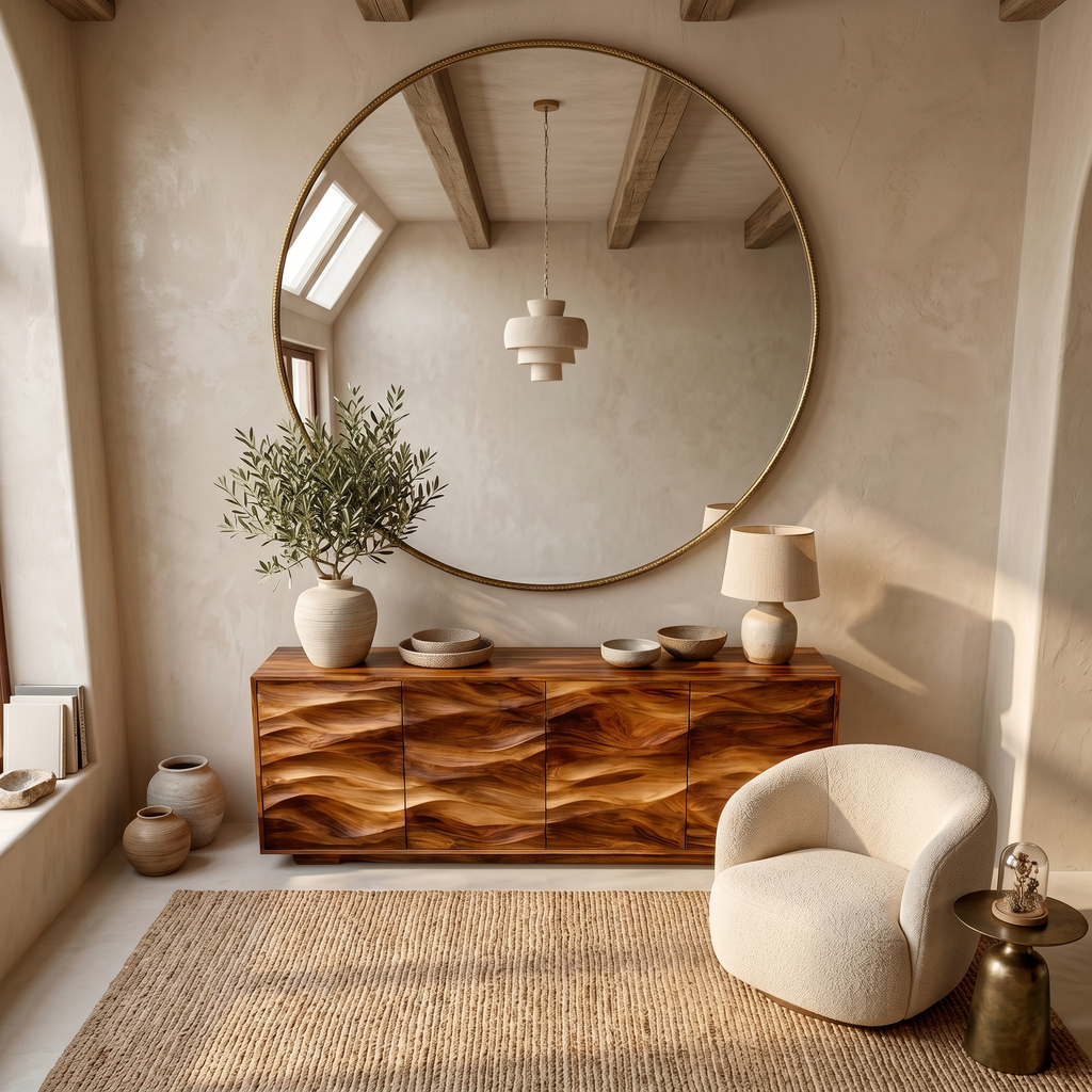 Minimalist Solid Wood Sideboard with Wave-Carved Doors - view 3