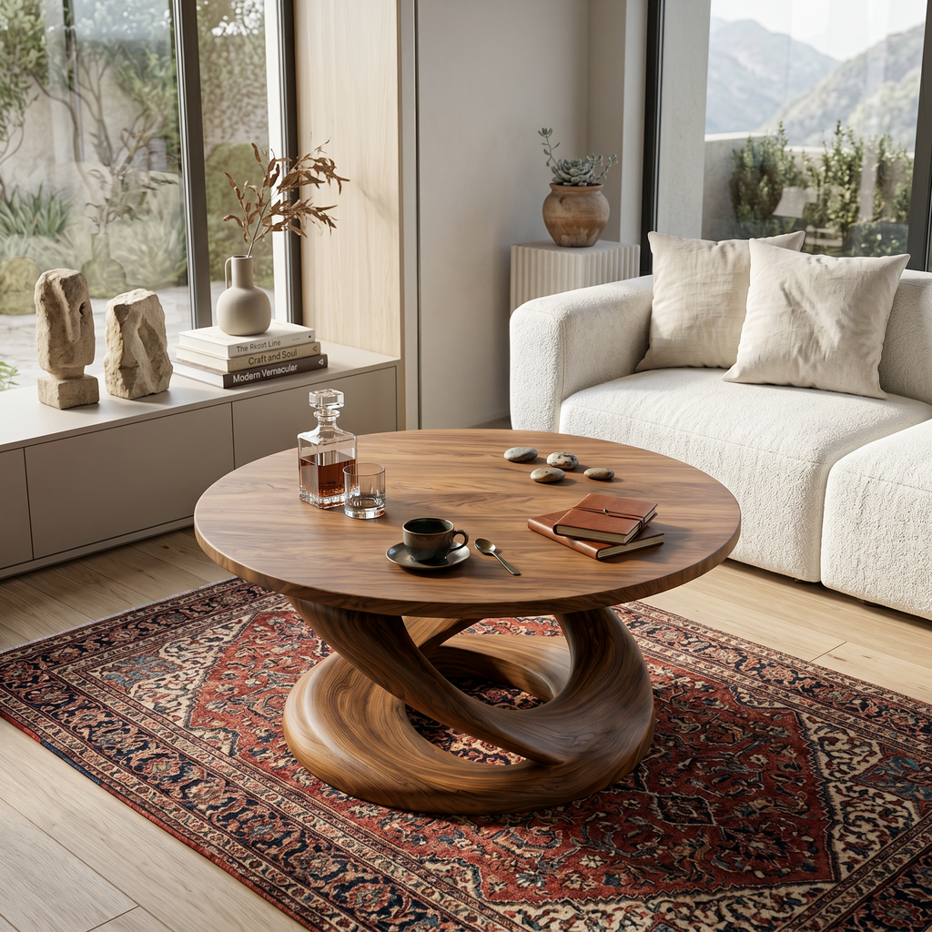 Round Solid Wood Coffee Table with Twisted Sculptural Pedestal - view 3