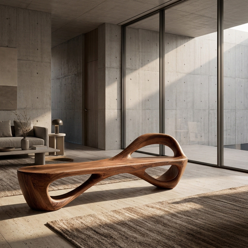 Sculptural Solid Wood Bench with Open Cut-Out Base for Living Room - view 5