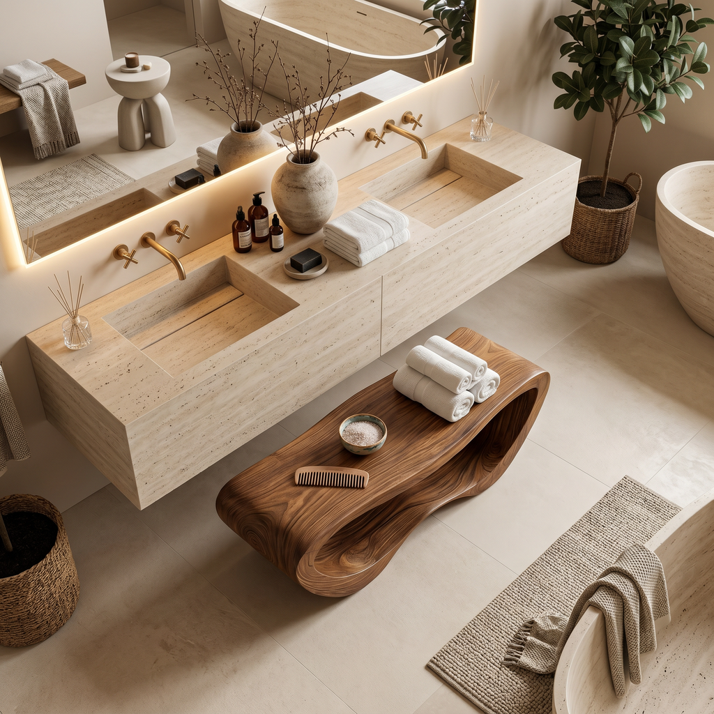 Solid Wood Organic Shower Bench with Open Towel Storage - view 3